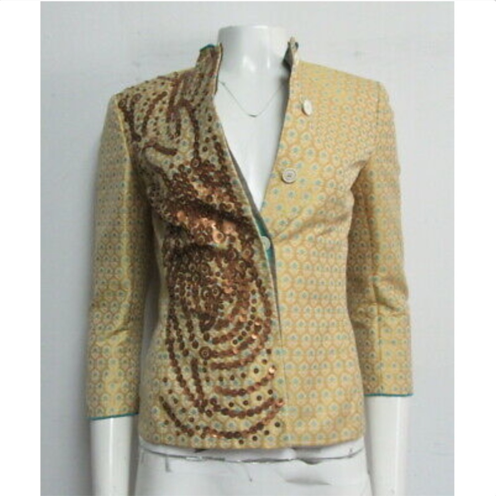 POLLINI Gold and Teal Embroidered Jacket Size 6